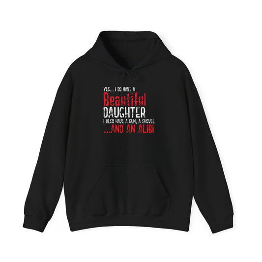 GUN, A SHOVEL, AND AN ALIBI - Premium Unisex Funny Sarcastic Black Hoodie Sweatshirt