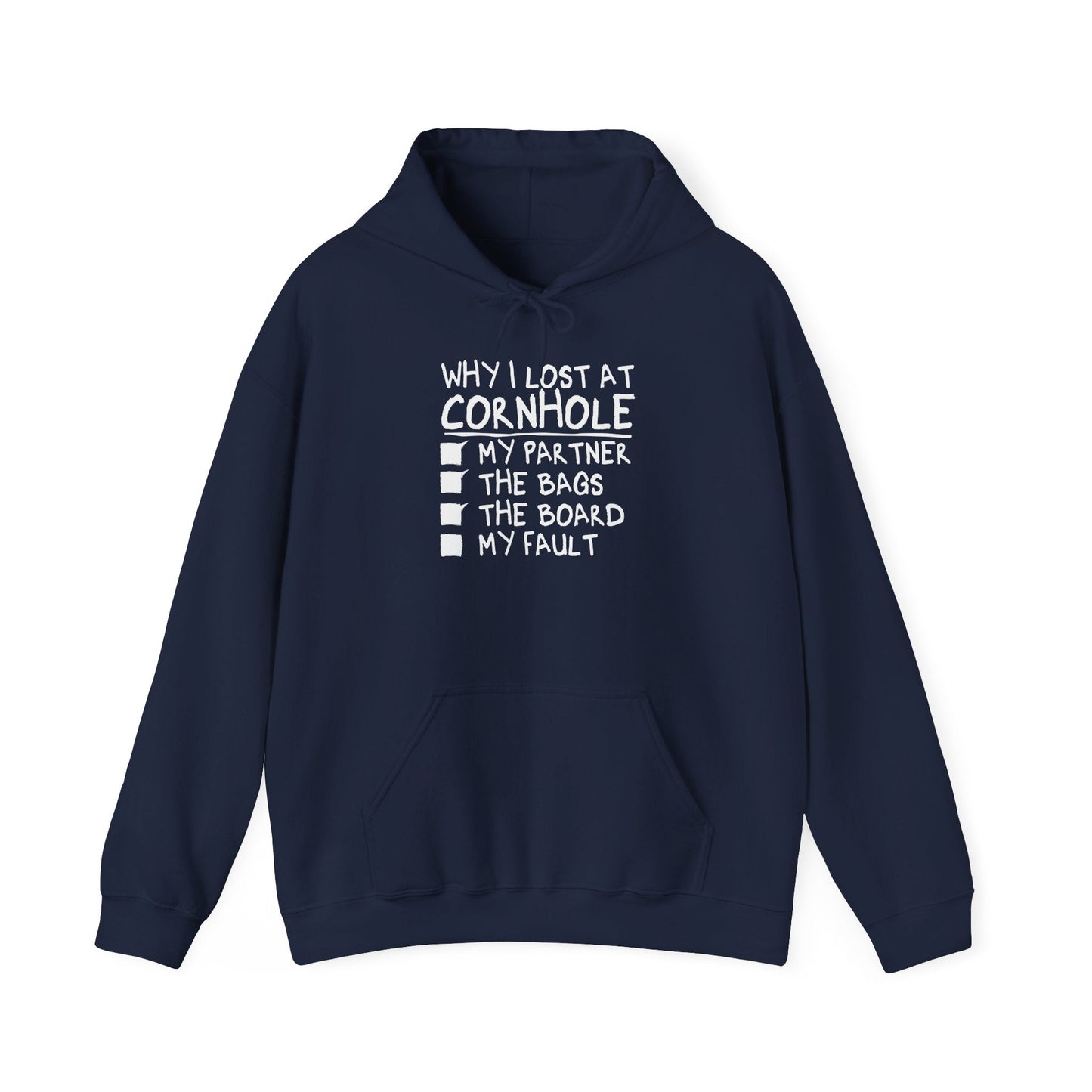 WHY I LOST AT CORNHOLE - Premium Unisex Funny Sarcastic Black Hoodie Sweatshirt