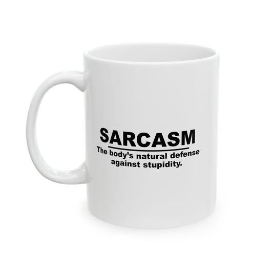 THE BODY'S NATURAL DEFENCE AGAINST STUPIDITY FUNNY SARCASTIC WHITE MUG