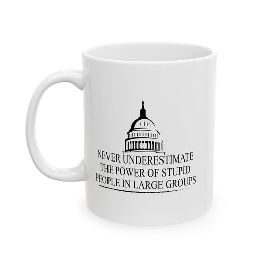 NEVER UNDERESTIMATE THE POWER OF STUPID PEOPLE IN LARGE NUMBERS FUNNY SARCASTIC WHITE MUG