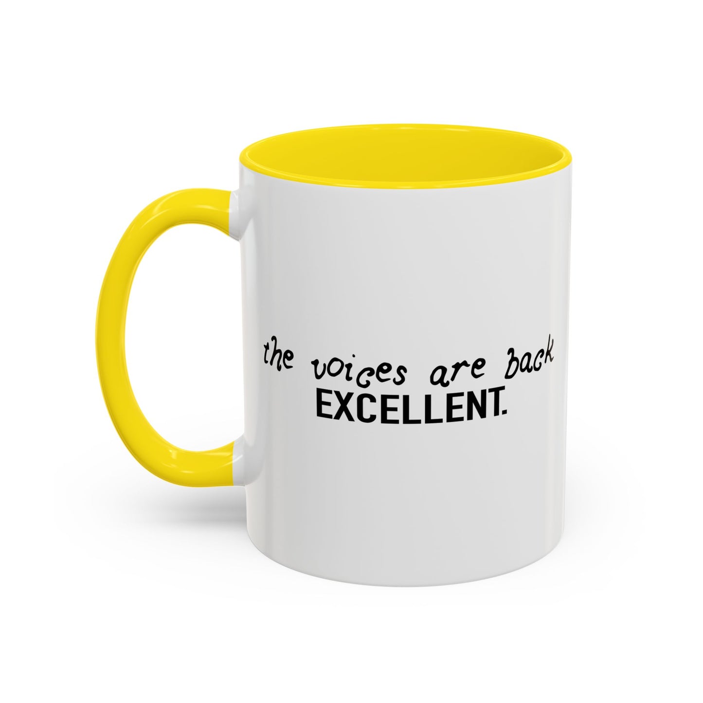 THE VOICES ARE BACK, EXCELLENT Accent BiColor Funny Sarcastic Mug