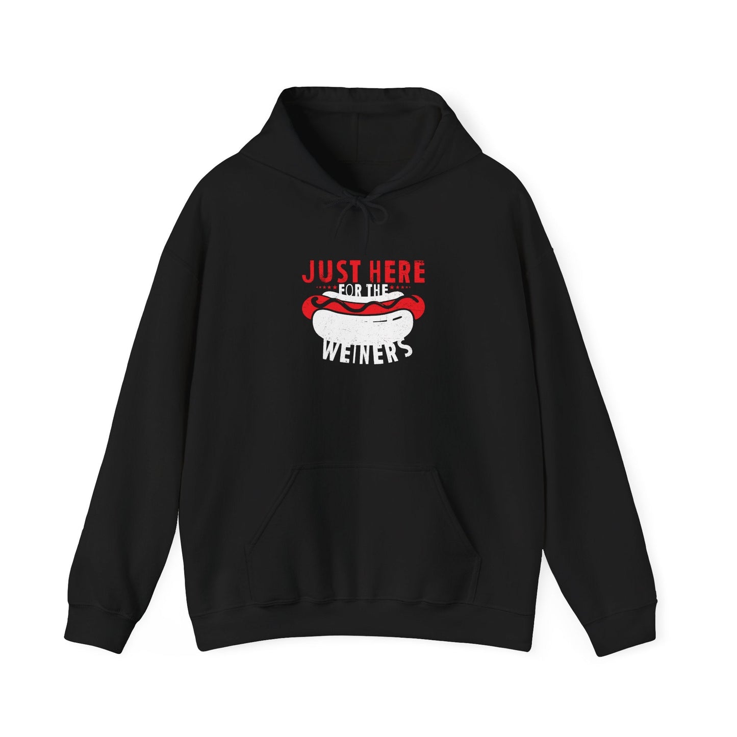 JUST HERE FOR THE WEINERS - Premium Unisex Funny Sarcastic Black Hoodie Sweatshirt